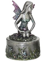Coffret rond avec F�e � genoux en m�tal F�es en M�tal